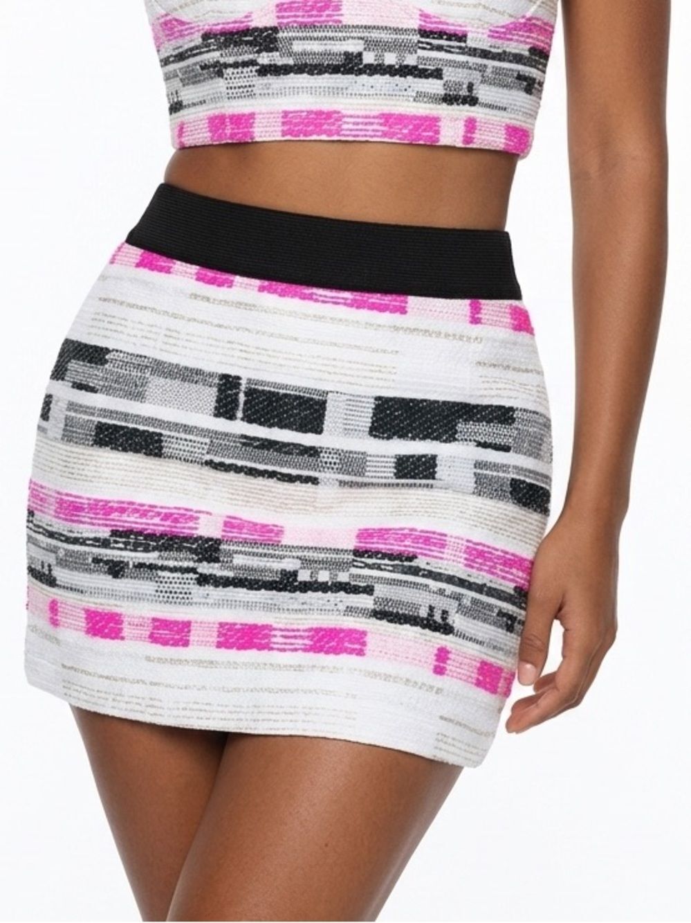 MILLY | Band Waist Mini Skirt Pink White Black & Metallic Gold Women’s Size 2